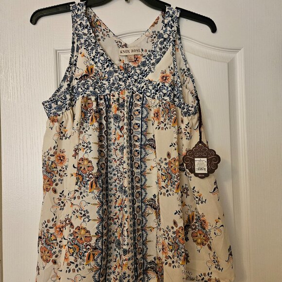 NWT Knox Rose Boho Babydoll Tank Ivory and Floral Size L - Picture 1 of 6